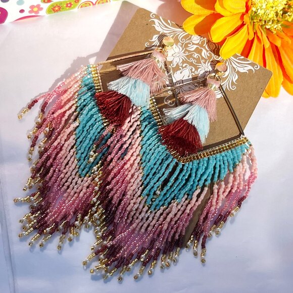 Handmade Beaded Long Tassel Fringe Dangle Drop Bohemian Post Diamond Earrings - Picture 5 of 9
